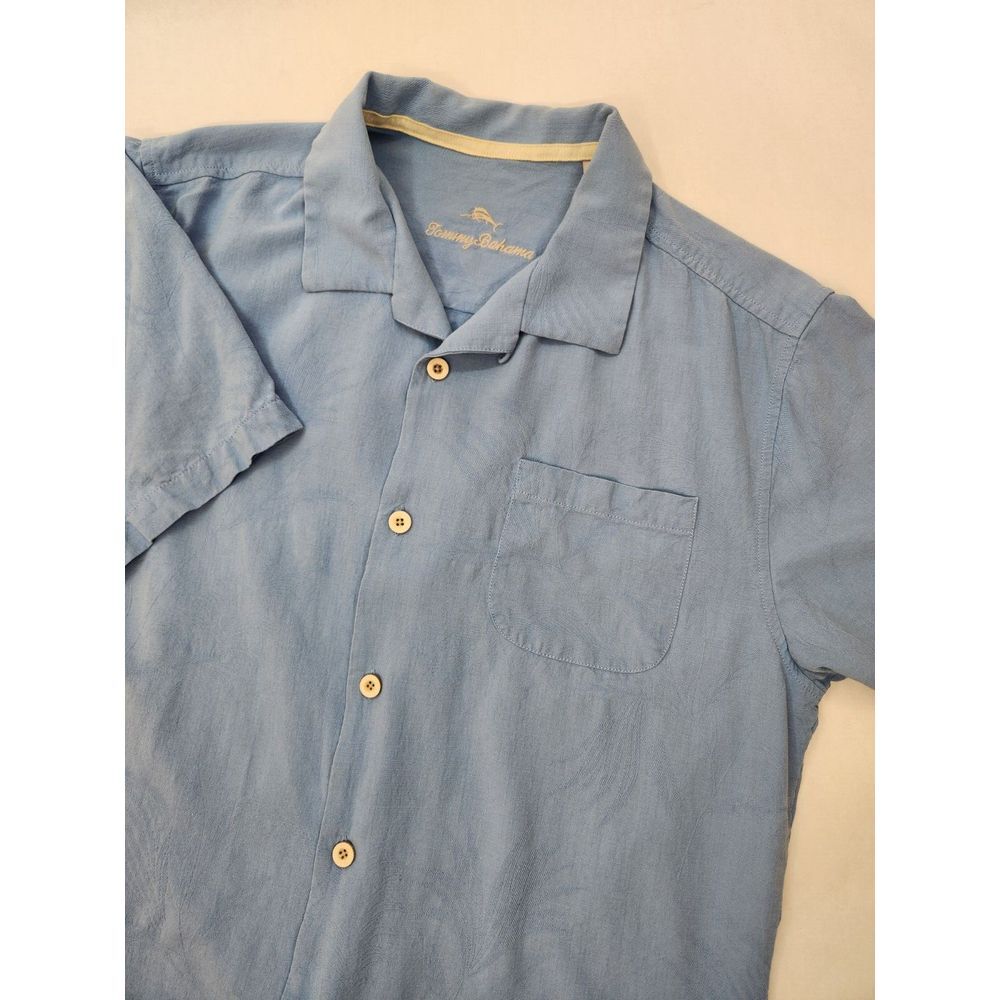 Tommy Bahama Men's L Shirt Blue Silk Collar Camp Hawaiian Floral Textured TB93